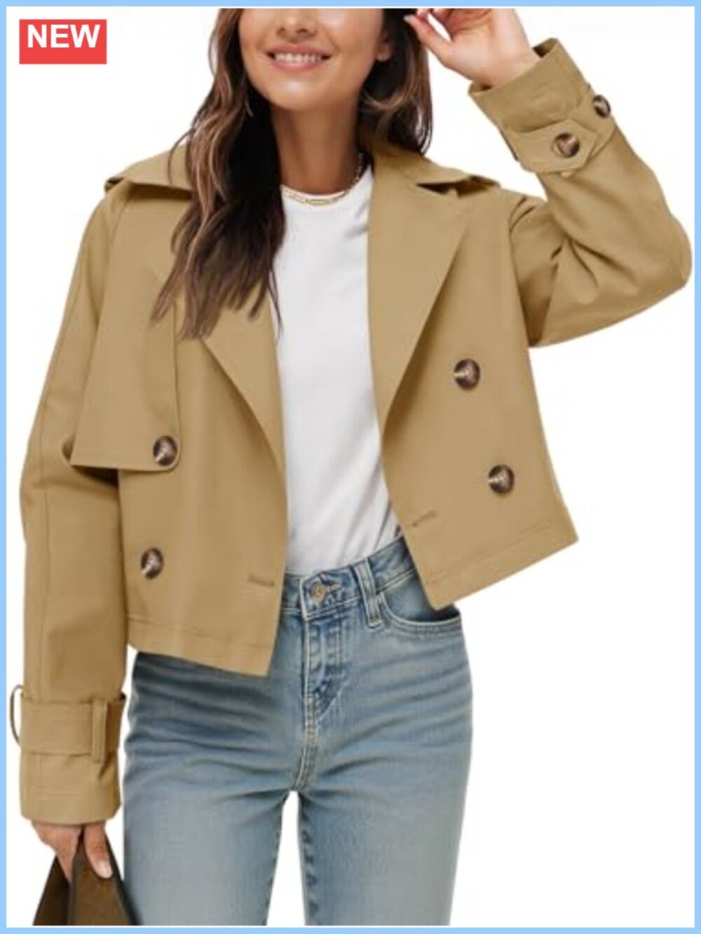 Cropped Trench Coat Women Notched Lapel Double Button Long Sleeve